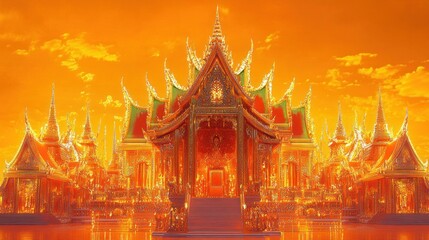 Fototapeta premium Symmetrical neon Thai palaces with vivid gold detailing, intricate roofs, and glowing spires, radiating against a cheerful golden backdrop