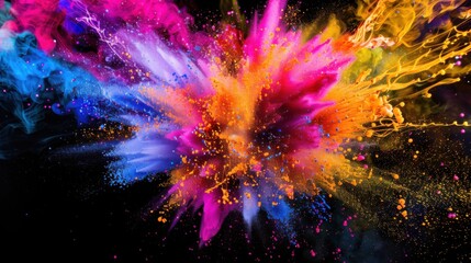 a dynamic explosion of colors and abstract shapes, white space in the center of the page for text, bold and vibrant hues against a black background