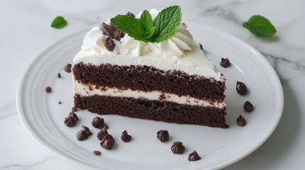Delicious chocolate cake slice with whipped cream and mint garnish