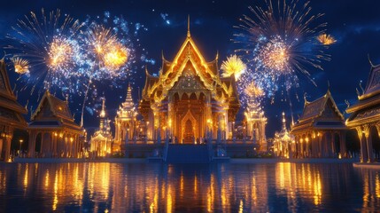 Obraz premium Thai temple stage in gold and blue tones, highlighted by intricate designs and brilliant fireworks lighting the night sky, rendered in 8K