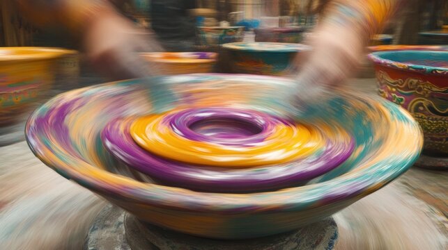 Vibrant swirling motion blur of a spinning colorful carnival or amusement park ride creating a captivating and mesmerizing energy field of dynamic spiraling patterns and textures