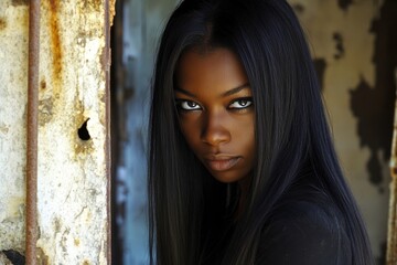 Fototapeta premium Lovely calm black girl - for ads, banner ad and internet marketing use. Commercial marketing concept art visual graphic design. Long haircut - straight hair. Long hair advertising concept.