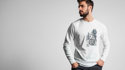 Man Wearing Sweatshirt with Nature-Inspired Design
