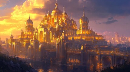 Obraz premium The magnificent golden palace glows with opulence, its architectural splendor highlighted against a picturesque backdrop of a twilight sky