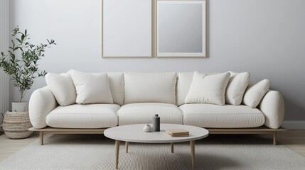 Sophisticated Scandinavian living room with white chaise, wooden table, and 3D floating frames.