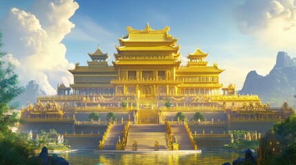 The majestic golden palace stands tall, its shimmering facade glowing under the sunlight, with a breathtaking natural backdrop of blue skies and lush greenery
