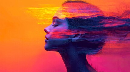 Sunset Serene: A Dreamlike Digital Portrait of a Woman, Vibrant Colors, Abstract Art, Peaceful Mood