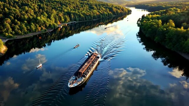 View of a barge carrying coal, transportation and industry concept. Generative ai