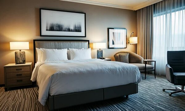 A modern hotel room featuring a large bed, a cozy armchair, and large windows with sheer curtains, creating a welcoming atmosphere for relaxation.