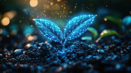 Digital plant sprouting from soil with glowing leaves.