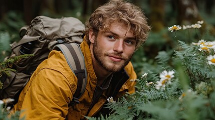 Obraz premium Young man hiking through wildflowers in a forest.