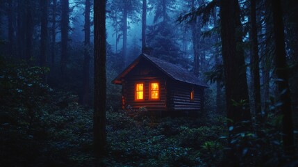 Cozy cabin in mysterious forest at night with warm glowing windows