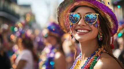 Obraz premium Vibrant and Colorful Carnival with a Smiling Woman Wearing a Vibrant Costume and Surrounded by Confetti and a Lively Crowd