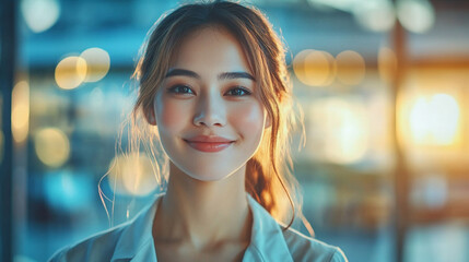 Smiling woman in casual attire stands in a bright environment during golden hour