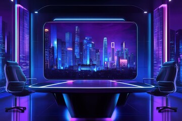 Naklejka premium Futuristic Office Interior with Neon Lights and Cityscape View at Night, Evoking a Cyberpunk Aesthetic, Ideal for Technology and Innovation Themes