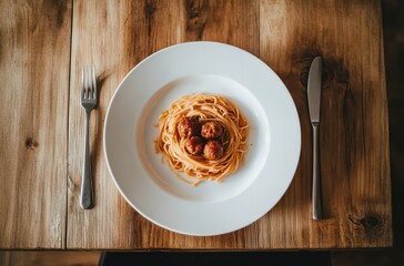 Delicious plate of spaghetti with meatballs served on a rustic wooden table, showcasing Italian cuisine and comfort food delights for culinary enthusiasts