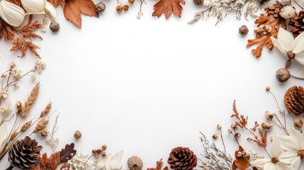Autumn-themed frame with dried leaves and pinecones on white background
