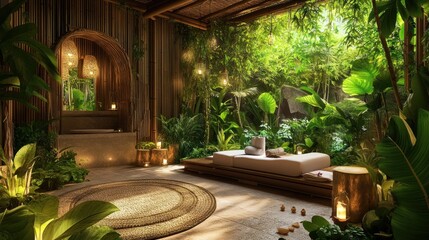 Fototapeta premium Tropical-themed spa with bamboo accents, lush greenery, and an outdoor massage area surrounded by nature