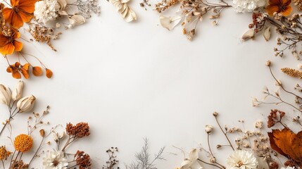 Autumn floral arrangement on white background with dried leaves and flowers