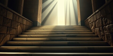Fototapeta premium A Stairway Leading Towards an Ethereal Light Shining Through a Doorway in an Ancient Stone Structure