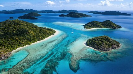 Obraz premium Aerial view of tropical islands, turquoise water, sailboat, and coral reefs.