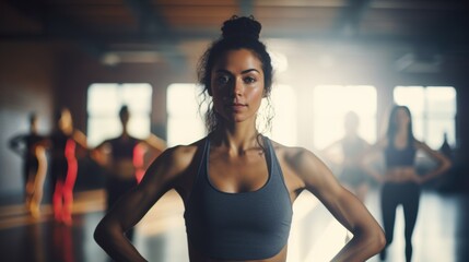 Fototapeta premium Close-up of a woman in the middle of a yoga class, doing a warrior pose with a focused expressio