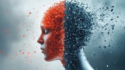 A split-face figure dissolving into particles, symbolizing duality and transformation.