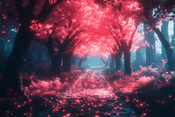 A glowing digital forest with bio-luminescent trees and neon pathways, symbolizing harmony between nature and technology