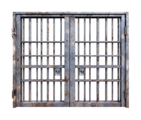 Closed door of a prison cell on a white background. isolated background.