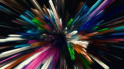 A vibrant explosion of colorful hues bursts against a dark background, with soft blurred edges creating a dynamic, energetic visual impact, highlighting bold contrasts