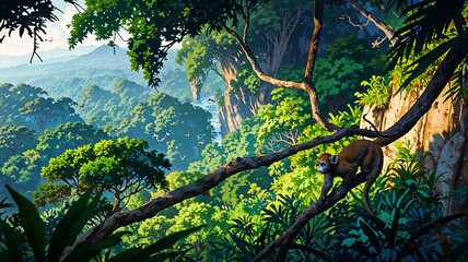 Dense Jungle with Monkeys and Lush Greenery