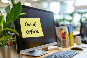 Out of office message on computer screen in modern office setting