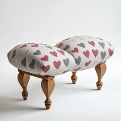 Heart Print Upholstered Footstool Wooden Legs Romantic Decor