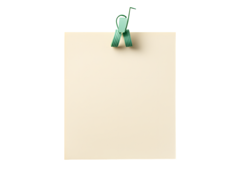Blank paper note with green binder clip on white background for office or business use