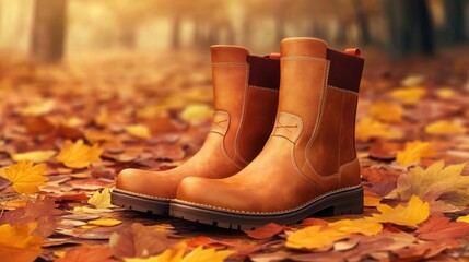 Leather boots on autumn leaves.