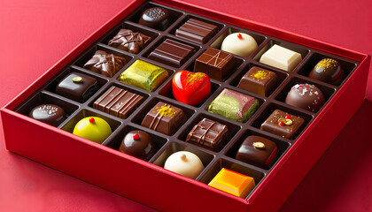 Photo Assorted Chocolates Gift Box Red Background Candy Dessert Treat Sweet Celebration Gourmet Confectionery Delicious Indulgence Festive Romance Heart-shaped
