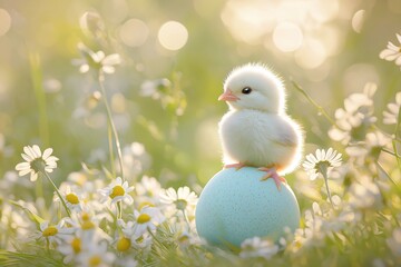 A cute baby chick sits on a blue egg surrounded by daisies, capturing the essence of spring and Easter festivities.