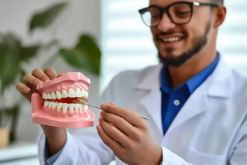 Dentist holding educational model of oral cavity at table in clinic, closeup