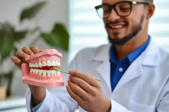 Dentist holding educational model of oral cavity at table in clinic, closeup