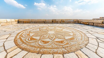 Intricate Mosaic Design In Natural Stone Setting Under Clear Blue Sky with Soft Cloudscape