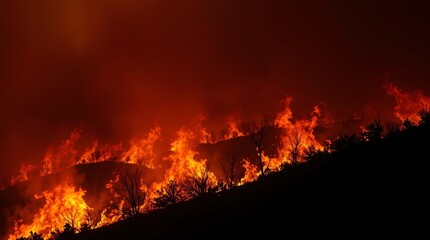 A powerful depiction of a fierce wildfire consuming a forest at night
