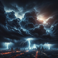 A lightning storm thundering over a city