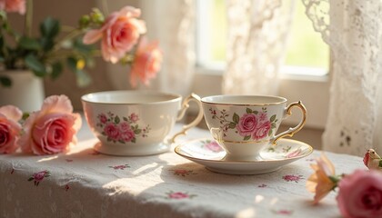 Fototapeta premium Delicate tea set with floral patterns and fresh roses arranged on a sunny table 