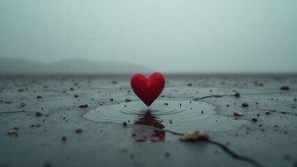 Fototapeta premium A small heart alone in a vast barren landscape, with light rain falling and ripples forming on the ground. The gray sky and emptiness symbolize loneliness and emotional isolation.