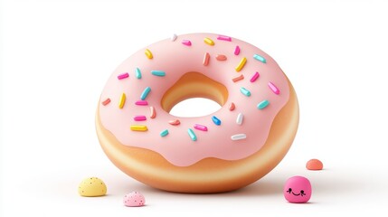 Cute pink donut with colorful sprinkles and playful characters on a white background