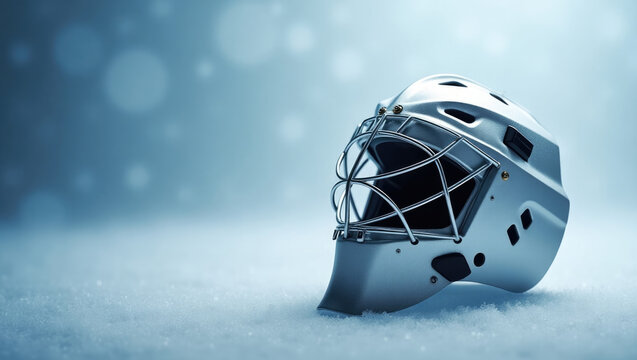A silver hockey goalie mask lies on a hockey ice, showing off its protective qualities and the intensity of the sport.Abstract blue background with bokeh effect