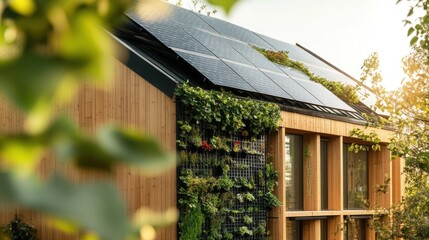 Eco-friendly house with solar panels and green wall.