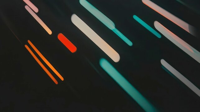 Crisp lines and abstract shapes float in a haze of vibrant, blurred hues, their glowing forms contrasting dramatically with the infinite void of black