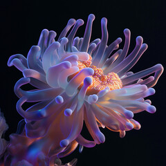 vibrant, realistic rendering of colorful sea anemone with flowing tentacles, showcasing intricate details and luminous colors against dark background