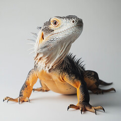 Obraz premium detailed portrait of lizard showcasing its vibrant colors and unique features. reptile is positioned on clean surface, highlighting its scales and striking appearance